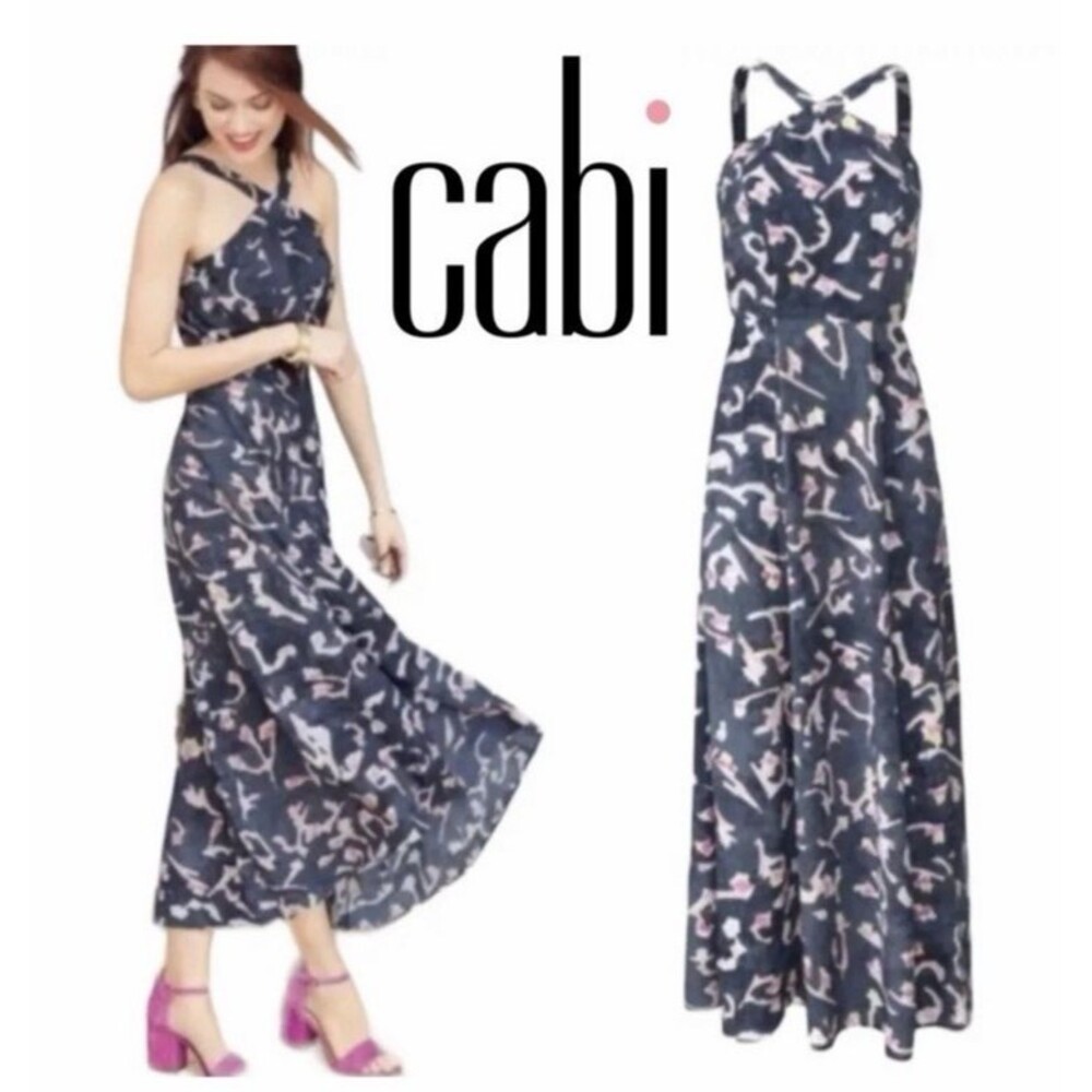 Cabi Aurora Halter Neck Watercolor Maxi Smocked Dress Adjustable Strap Size 2